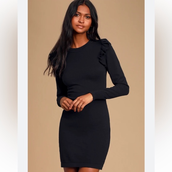 Lulus Dresses & Skirts - Lulu’s Sweater Weather Black Ruffled Long Sleeve Sweater Dress Size Medium